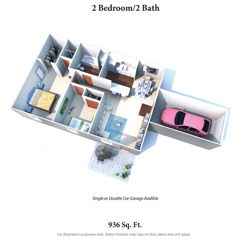 Floor plan for 2 beds, 2 baths, 936 sqft